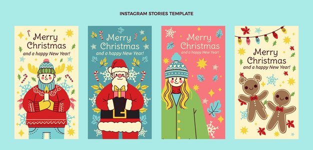 Collection d'histoires instagram de noël plat dessinés à la main