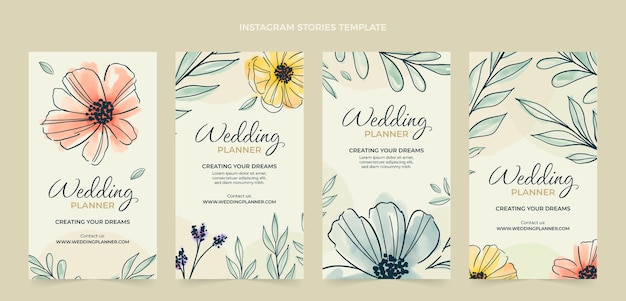 Vecteur gratuit collection d'histoires instagram de planificateur de mariage aquarelle