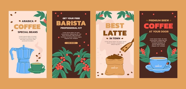 Collection D'histoires Instagram De Plantation De Café Dessinées à La Main