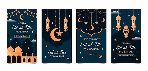 Vecteur gratuit collection d'histoires instagram plat eid al-fitr