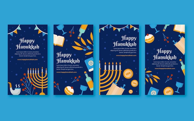 Vecteur gratuit collection d'histoires instagram à plat de hanukkah