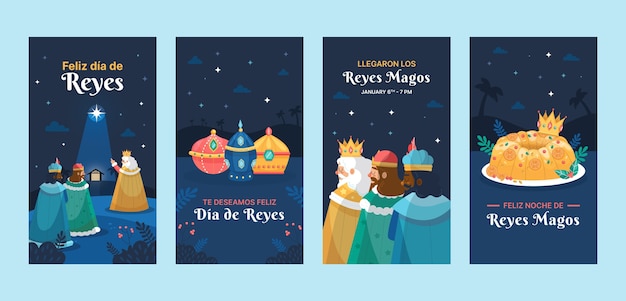 Vecteur gratuit la collection d'histoires instagram à plat pour les magos de reyes