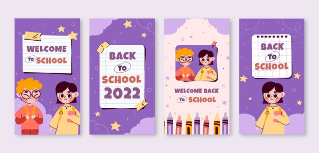 Collection d'histoires instagram à plat de retour à l'école