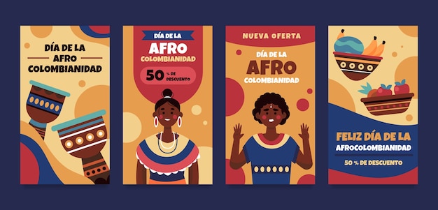 Vecteur gratuit collection d'histoires instagram plates afrocolombianidad