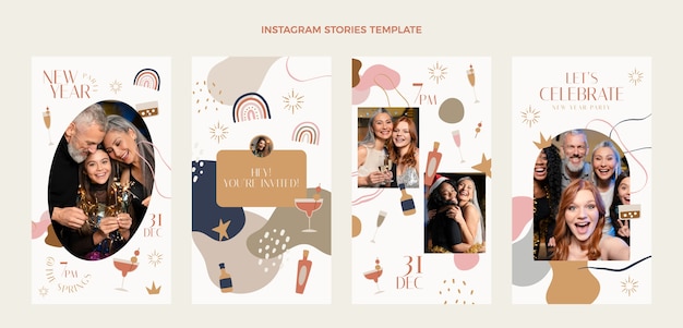 Collection d'histoires instagram plates dessinées à la main pour le nouvel an