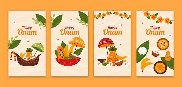 Vecteur gratuit collection d'histoires instagram plates pour la célébration du festival d'onam