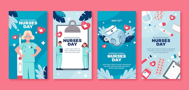 Vecteur gratuit collection d'histoires instagram plates pour la célébration de la journée internationale des infirmières