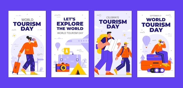 Vecteur gratuit collection d'histoires instagram plates pour la célébration de la journée mondiale du tourisme