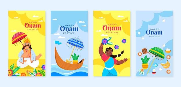 Vecteur gratuit collection d'histoires instagram plates pour la célébration d'onam