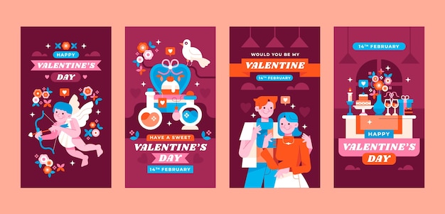Vecteur gratuit collection d'histoires instagram plates pour la célébration de la saint valentin