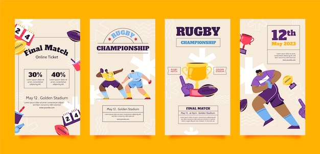 Collection d'histoires instagram plates pour le championnat de rugby