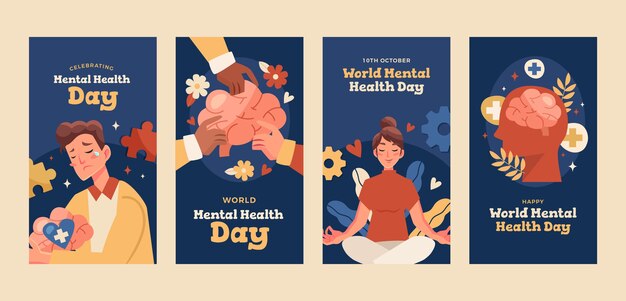 Collection d'histoires Instagram plates pour la sensibilisation à la Journée mondiale de la santé mentale
