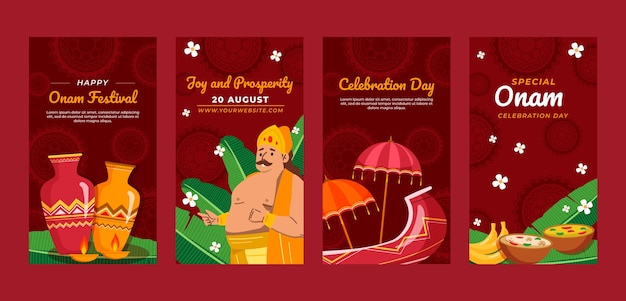 Vecteur gratuit collection d'histoires instagram pour la célébration du festival onam