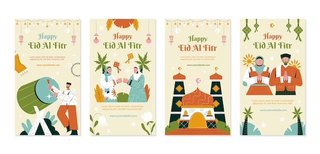 Vecteur gratuit collection d'histoires instagram pour la célébration islamique de l'aïd al-fitr