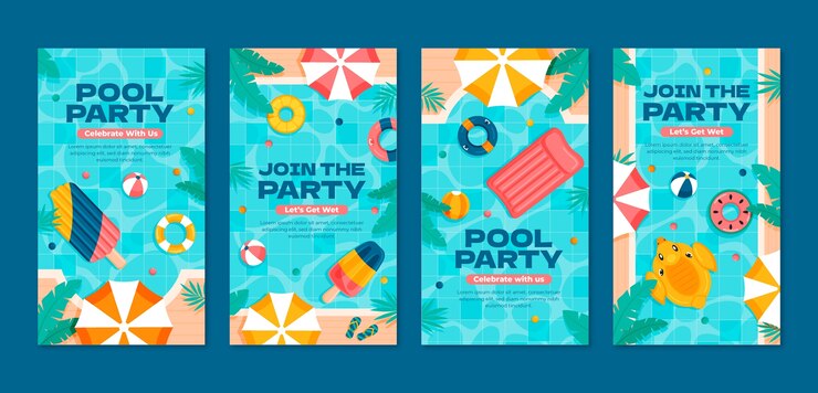Vecteur gratuit collection d'histoires instagram pour la fête à la piscine