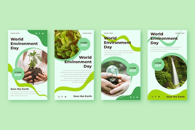 Collection d'histoires instagram pour la journée mondiale de l'environnement plat