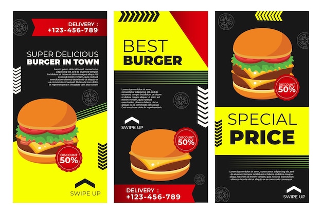 Collection d'histoires Instagram pour un restaurant de hamburgers