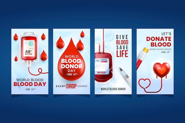 Vecteur gratuit collection d'histoires instagram réalistes pour la journée mondiale du donneur de sang