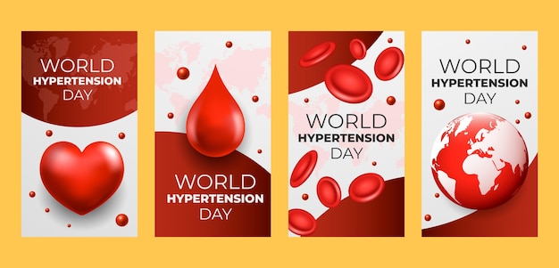 Vecteur gratuit collection d'histoires instagram réalistes pour la sensibilisation à la journée mondiale de l'hypertension