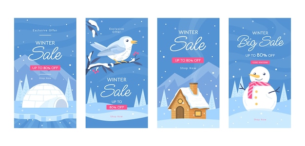 Vecteur gratuit collection d'histoires instagram de saison d'hiver plate