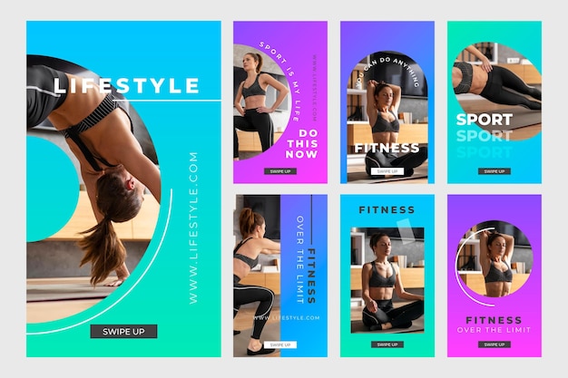 Vecteur gratuit collection d'histoires instagram de santé et de remise en forme dégradées avec photo