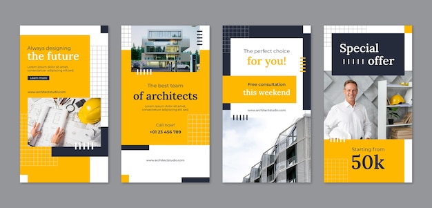 Collection d'histoires instagram de service d'architecte plat