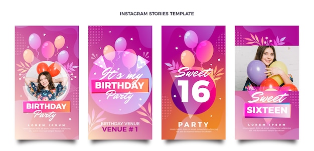 Vecteur gratuit collection d'histoires instagram sweet 16 dégradé