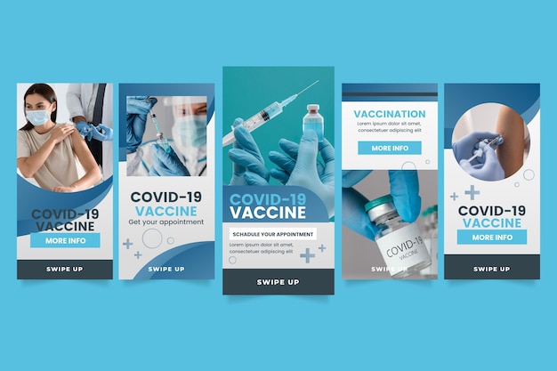 Vecteur gratuit collection d'histoires instagram de vaccin dégradé avec photos