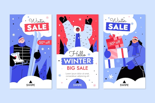 Vecteur gratuit collection d'histoires instagram de vente d'hiver plat dessiné à la main