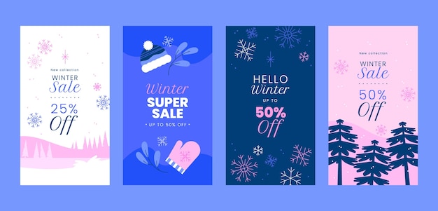 Vecteur gratuit collection d'histoires instagram de vente d'hiver plat