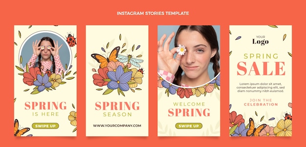 Vecteur gratuit collection d'histoires instagram de vente de printemps floral