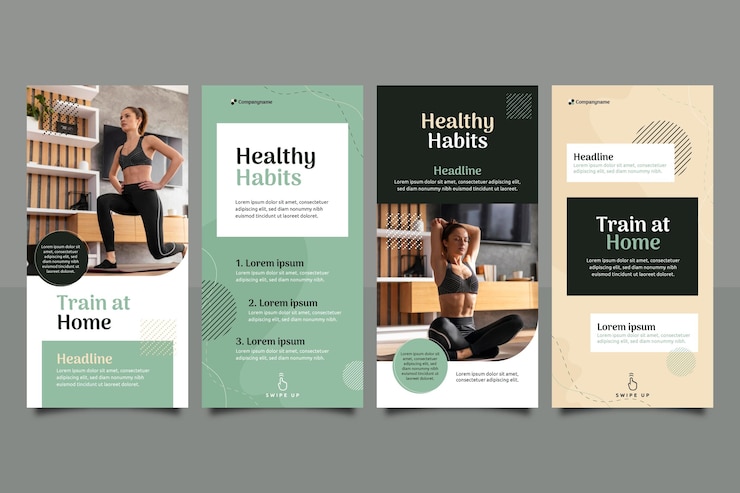 Vecteur gratuit collection d'histoires de santé et de remise en forme à plat avec photo