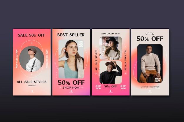 Vecteur gratuit collection d'histoires de vente instagram dégradé avec photo