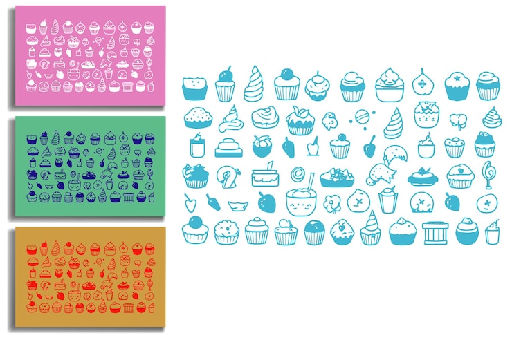 Une collection d'icônes de desserts colorés sur un fond