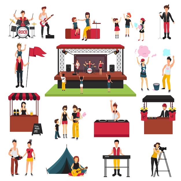 Vecteur gratuit collection d'icônes isolée de festival en plein air avec des personnages humains de fest visiteurs familles musiciens soda jerks
