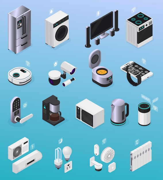 Vecteur gratuit collection d'icônes isométriques d'appareils électroniques télécommandés à la maison intelligente iot avec illustration de cafetière pour réfrigérateur tv
