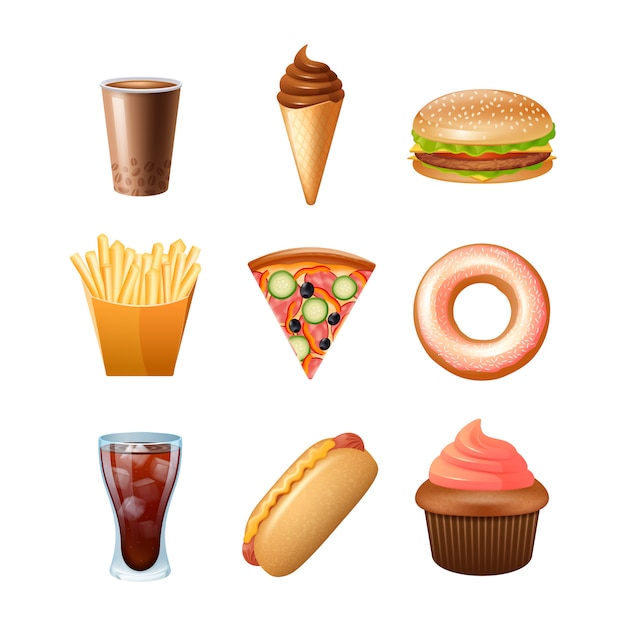 Vecteur gratuit collection d'icônes de menu de restauration rapide avec un gâteau et un double cheeseburger beignet