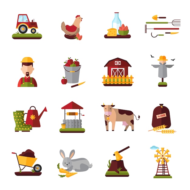 Vecteur gratuit collection d'icônes plat ménage paysan ferme avec des animaux domestiques