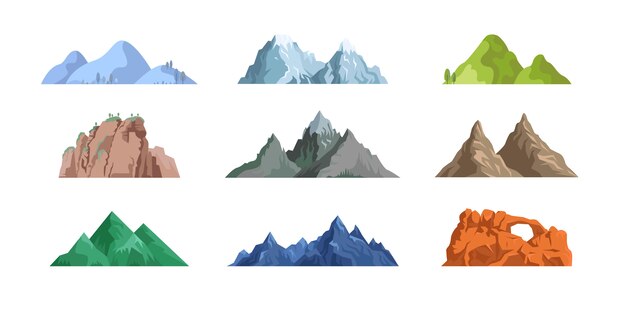 Collection d'icônes plat montagnes et rochers