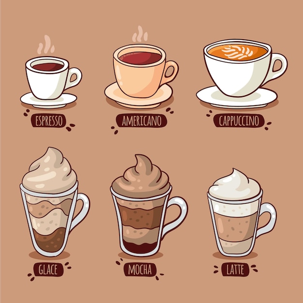 Vecteur gratuit collection d'illustration de types de café