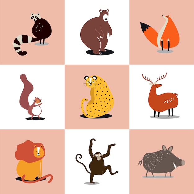 Vecteur gratuit collection d'illustrations mignonnes d'animaux sauvages