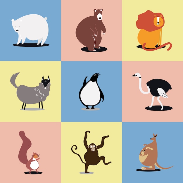 Vecteur gratuit collection d'illustrations mignonnes d'animaux sauvages