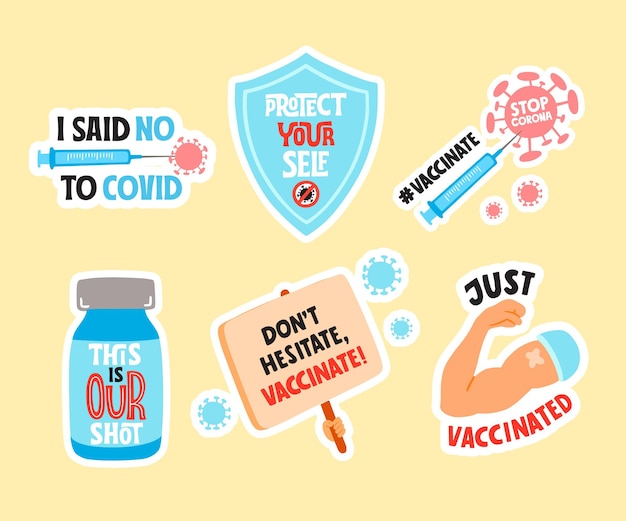 Vecteur gratuit collection d'insignes de campagne de vaccination dessinés à la main
