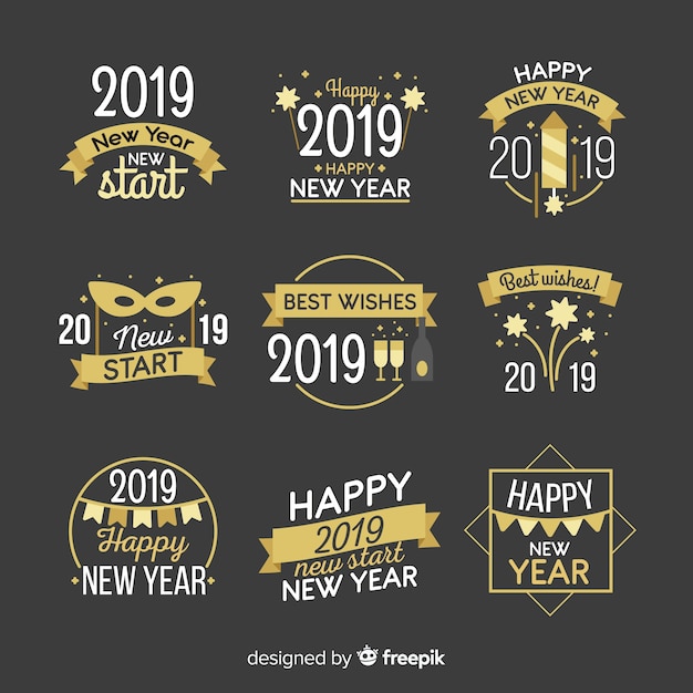 Vecteur gratuit collection d'insignes de nouvel an 2019 moderne avec un design plat