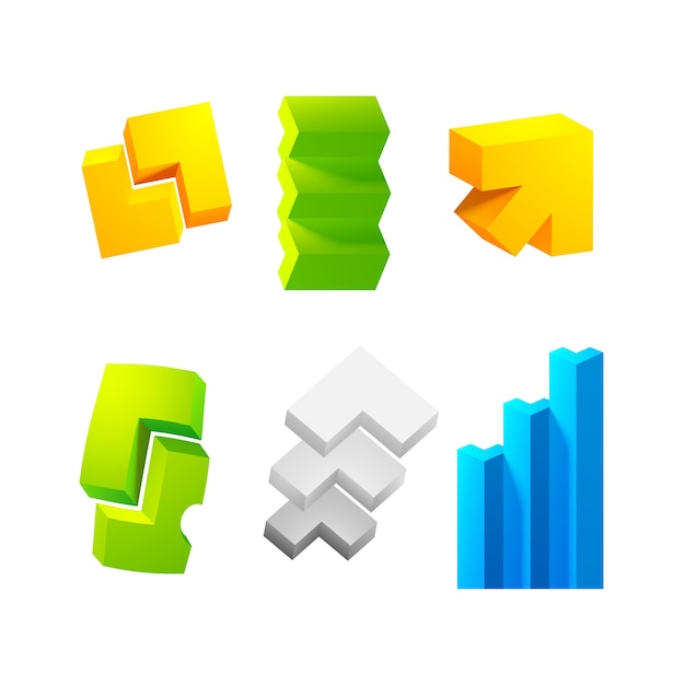 Collection de jeux 3d réalistes avec six flèches colorées différentes sur le blanc