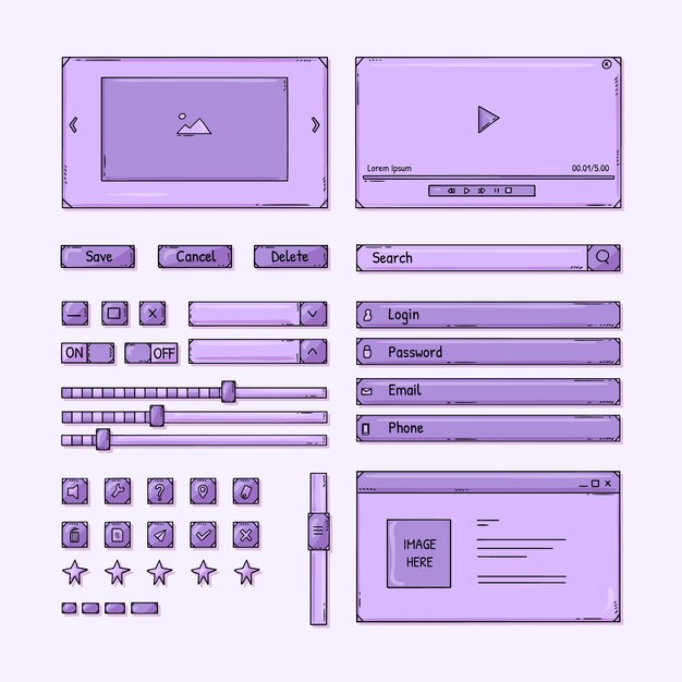 Collection de kits d'interface utilisateur plats dessinés à la main