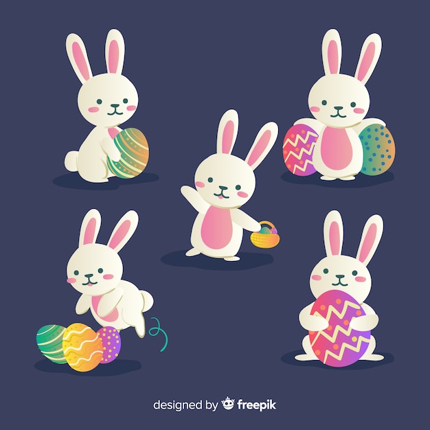 Vecteur gratuit collection de lapin de pâques dessinés à la main avec des oeufs