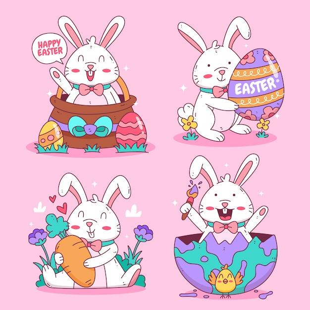 Collection De Lapins De Pâques Dessinés à La Main