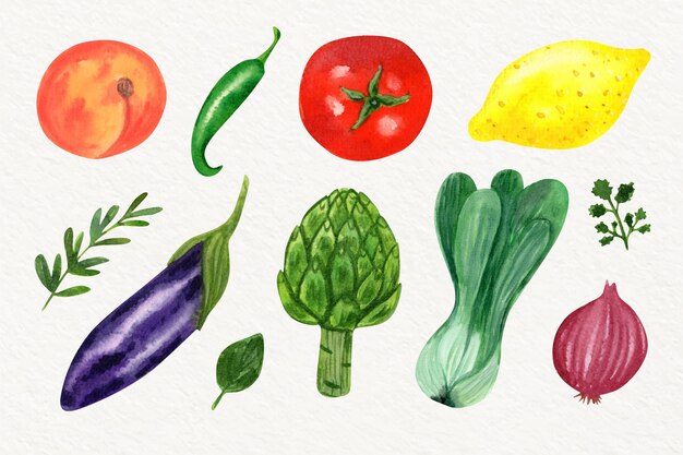 Collection de légumes différents à l'aquarelle