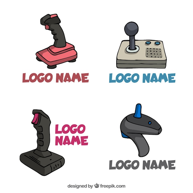 Collection de logo joystick dessinés à la main avec style vintage